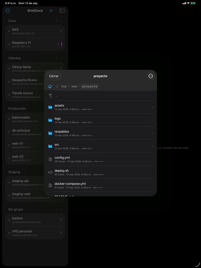 ShellDock en iPad: archivos por SFTP sobre la lista de servidores