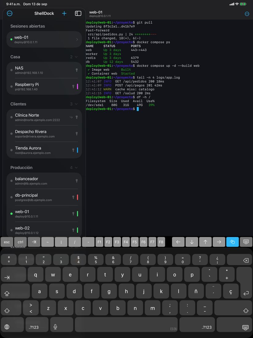 ShellDock en iPad: la lista de servidores a un lado y la terminal al otro