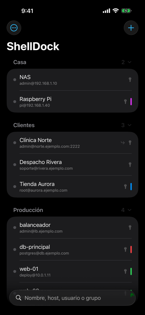 ShellDock en iPhone: la lista de servidores agrupada