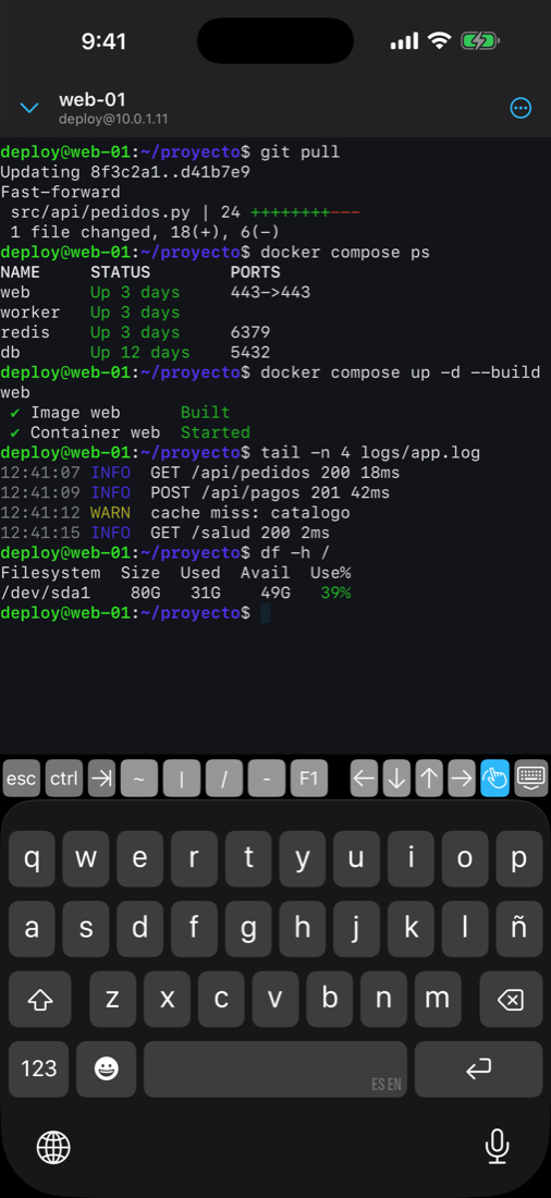 ShellDock en iPhone: terminal conectada a un servidor con la barra de teclas