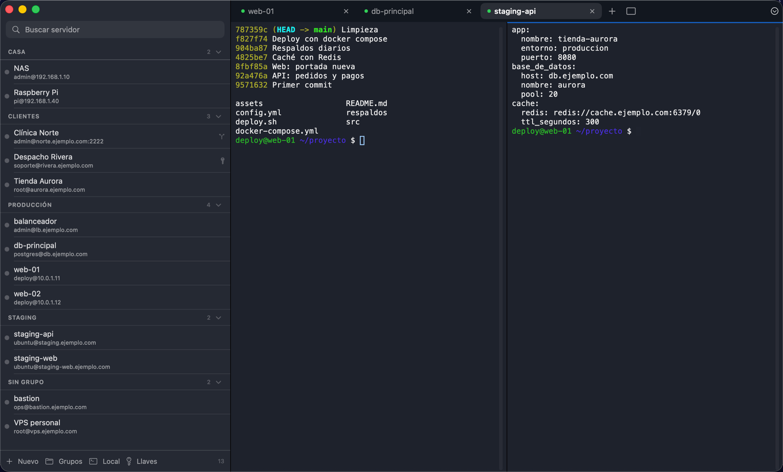 La ventana de ShellDock: la libreta de servidores agrupada a la izquierda y dos terminales lado a lado, una con el historial de git y otra con un archivo de configuración